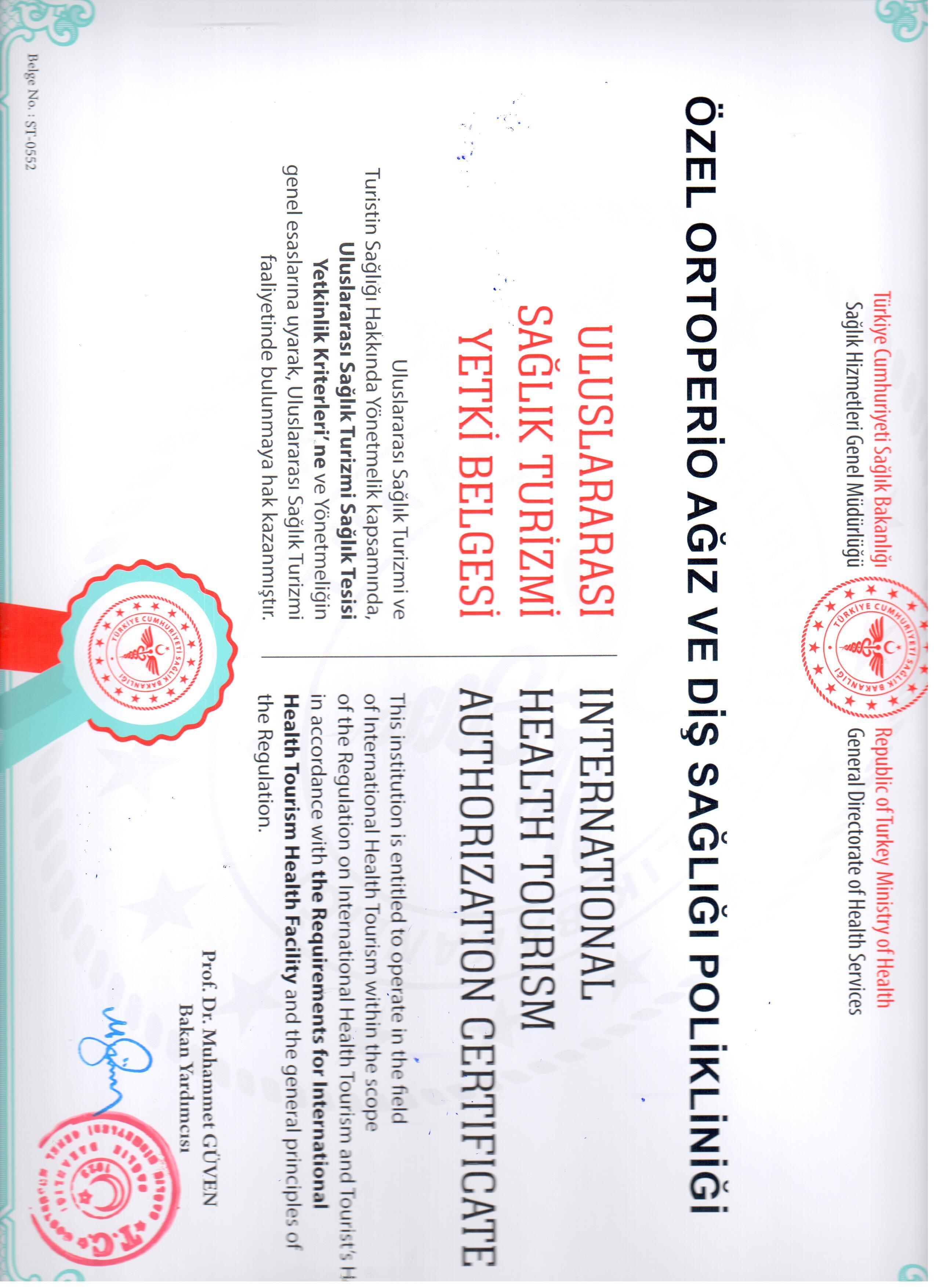 Uluslararası sağlık turizm yetki belgesi